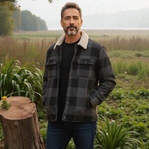 RVCA Men's Black  Plaid Range Jacket Shacket Sherpa Collar Lined Size Medium NWT